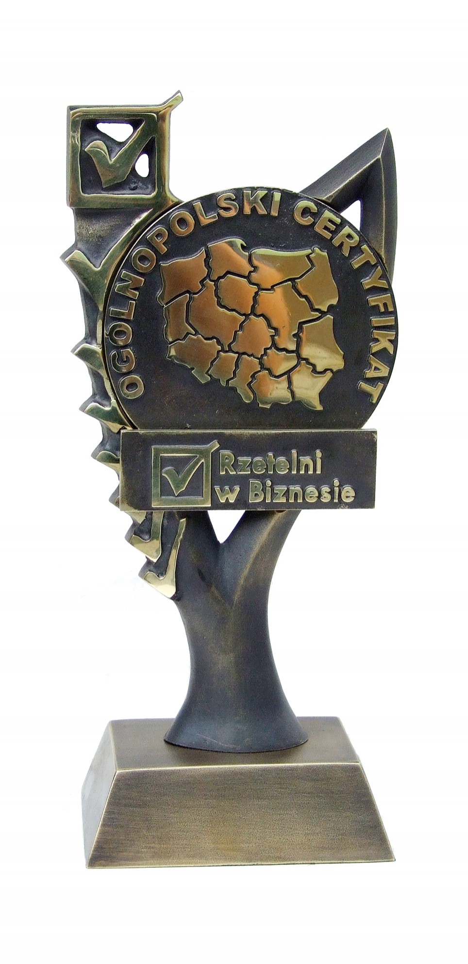 Statuetka „Ogólnopolski Certyfikat” wykonana dla firmy EUROPA 2000 CONSULTING; brąz